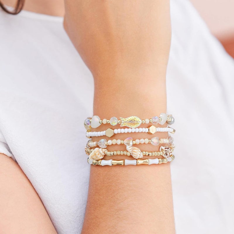Pymach Store Dainty Gold Plated Pearl Crystal Beaded Bracelets Set for Women 14K Gold Plated Bead Pearl Beads Bracelet Stackable Paperclip Link Chain Bracelets Gold Plated Bracelets for Women Trendy Jewelry - Image 2